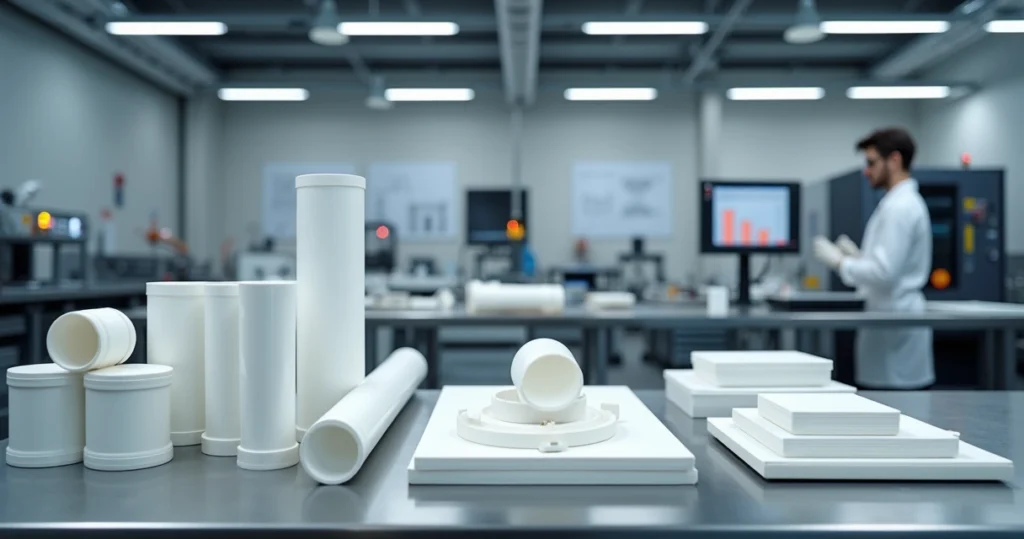 Tubos e placas de Teflon PTFE brancos em bancada de laboratório industrial