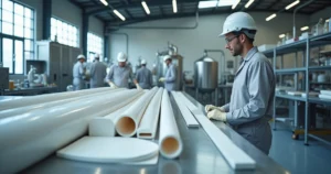 Técnico observando tubos em PTFE em linha industrial moderna