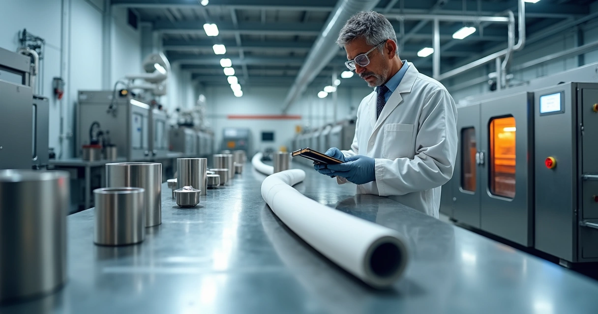 Engenheiro inspecionando tubos metálicos revestidos com PTFE em linha industrial moderna