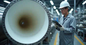 Engenheiro inspecionando tubo industrial com revestimento em Teflon brilhante