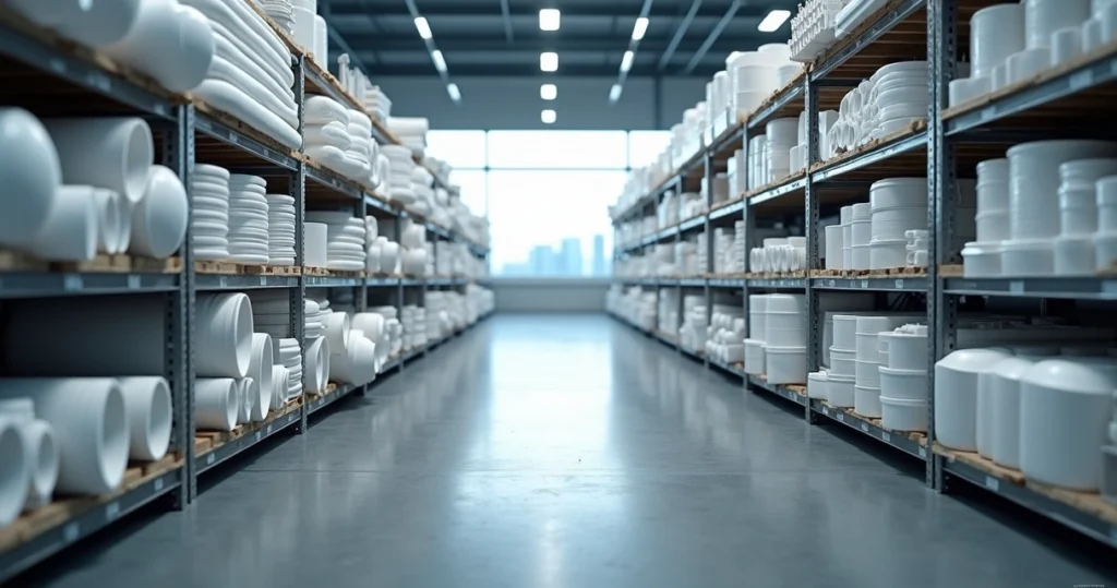 Prateleiras industriais com tubos, placas e tarugos em PTFE organizados