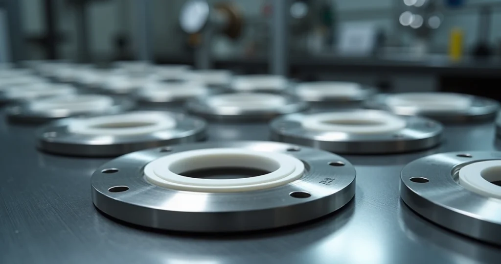Anéis de teflon alinhados em peça metálica com foco em vedação industrial