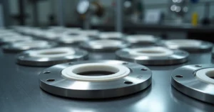 Anéis de teflon alinhados em peça metálica com foco em vedação industrial