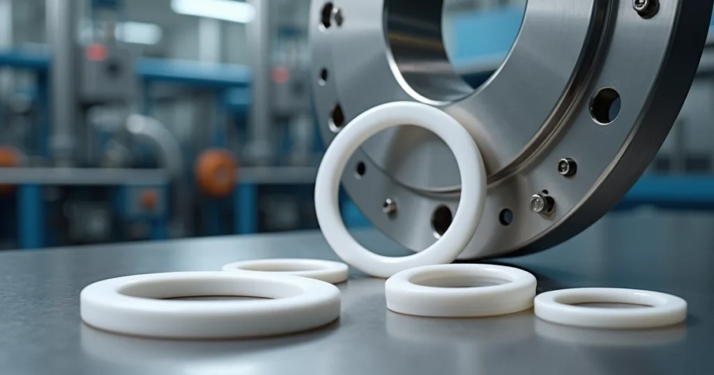 Conjunto de anéis de Teflon brancos ao lado de flange metálica de vedação