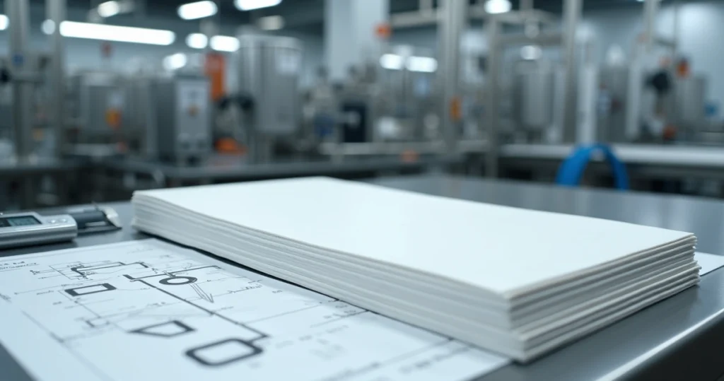 Placas laminadas de PTFE empilhadas em bancada industrial limpa