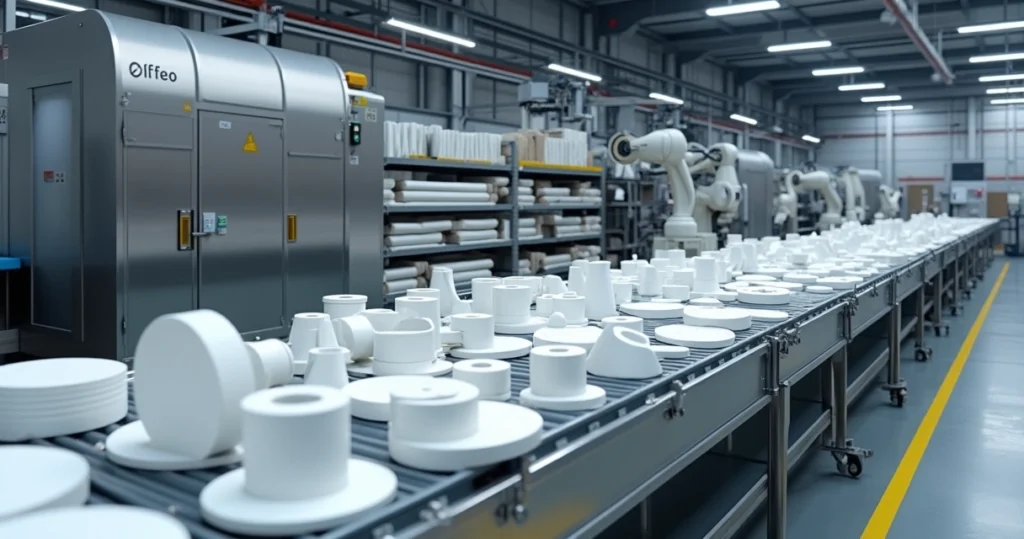 Linha de produção industrial com componentes em PTFE prontos para inspeção