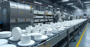 Linha de produção industrial com componentes em PTFE prontos para inspeção