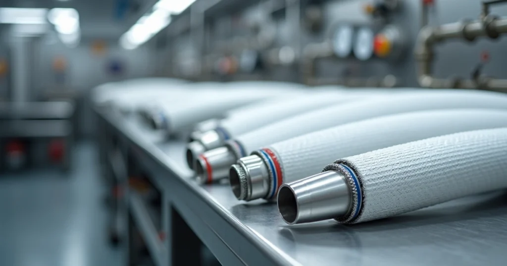 Mangueiras em PTFE reforçadas com inox organizadas em bancada industrial