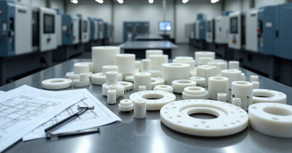 Conjunto de peças especiais em Teflon brancas organizadas sobre mesa técnica na indústria