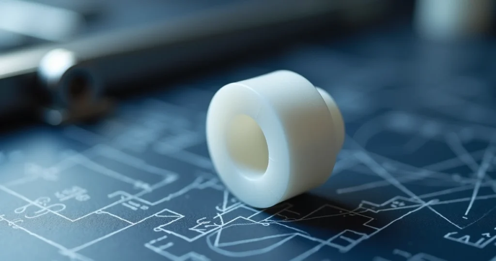 Peça especial em teflon com detalhes em macro sobre fundo técnico azul