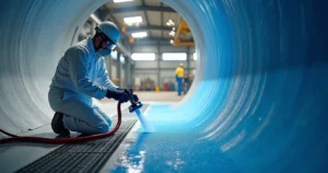 Aplicação de pintura epóxi de alta espessura em tanque industrial de aço