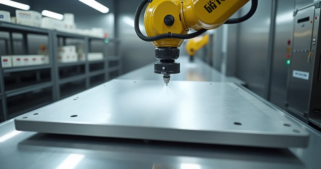 Aplicação industrial de pintura de Teflon PTFE em superfície metálica plana