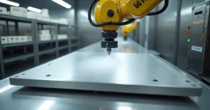 Aplicação industrial de pintura de Teflon PTFE em superfície metálica plana