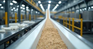 Placa de UHMW branca em calha de deslizamento industrial com grãos em movimento