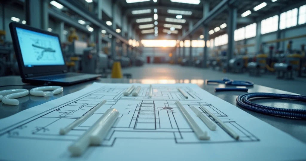 Vista aérea de planta industrial com tubos e mangueiras em PTFE e nylon sobre layout técnico