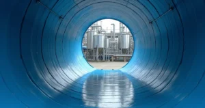 Interior de tanque industrial metálico com pintura epóxi azul brilhante