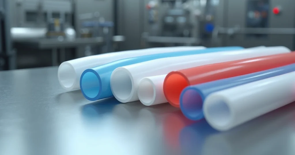 Tubos em Teflon PTFE coloridos alinhados em ambiente industrial limpo