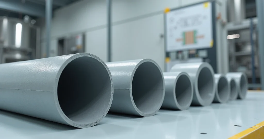 Corte transversal de tubo PRFV revestido com PVC-U em ambiente industrial limpo