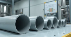 Corte transversal de tubo PRFV revestido com PVC-U em ambiente industrial limpo