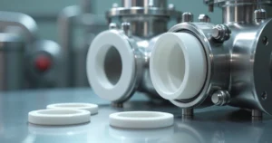 Detalhe de anéis de PTFE Teflon instalados em válvula sanitária de aço inox