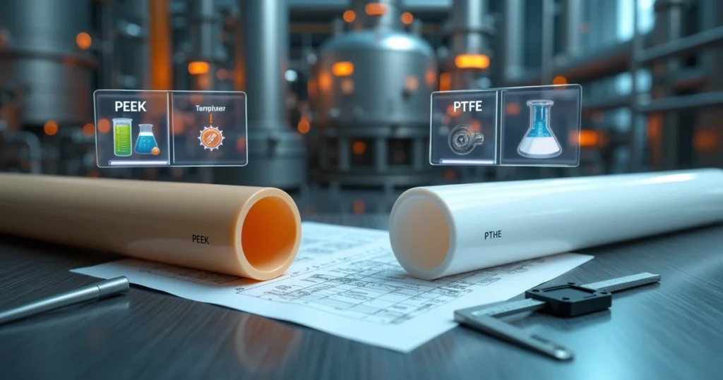 Elementos gráficos comparando barras de PEEK e PTFE diante de reator químico em alta temperatura