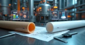 Elementos gráficos comparando barras de PEEK e PTFE diante de reator químico em alta temperatura