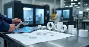Componentes de PTFE organizados sobre mesa metálica em ambiente industrial moderno