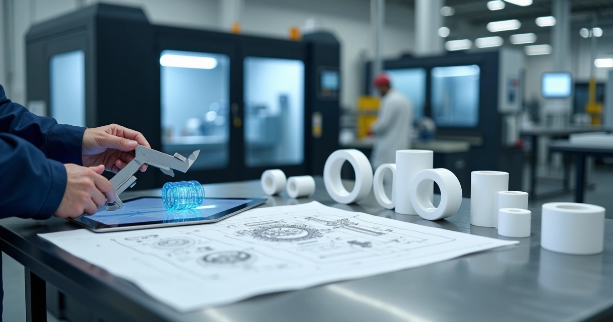 Componentes de PTFE organizados sobre mesa metálica em ambiente industrial moderno