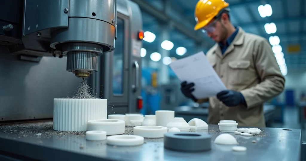 Engenheiro inspecionando bloco de teflon bruto em máquina CNC
