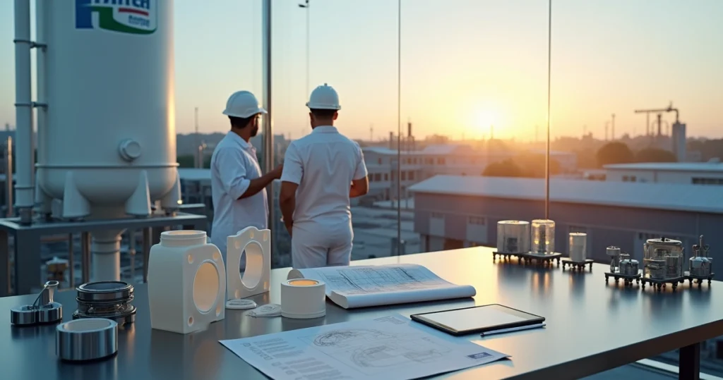 Vista aérea de fábrica de fluoropolímeros com destaque para logo em silo branco