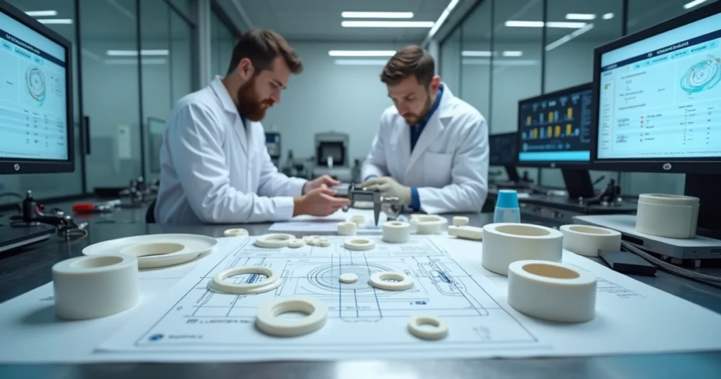 Equipe técnica avalia componentes de PTFE em bancada de laboratório industrial