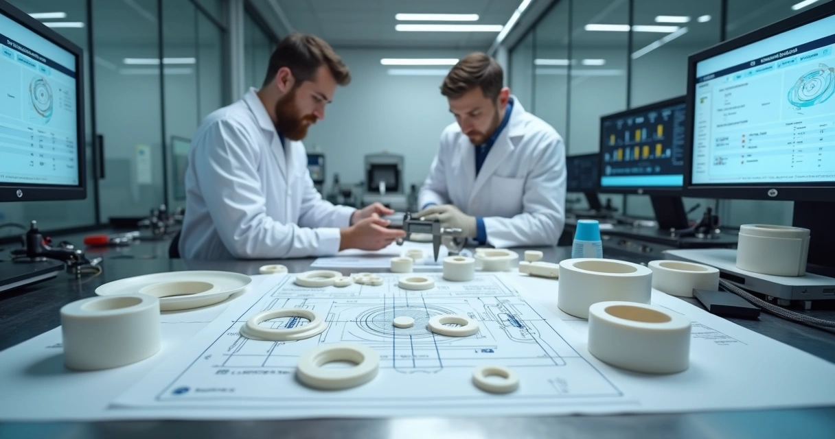 Equipe técnica avalia componentes de PTFE em bancada de laboratório industrial
