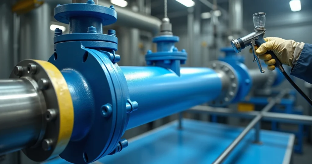 Aplicação de pintura de Teflon PTFE azul em equipamento industrial metálico