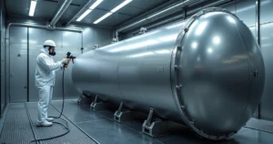 Aplicação de revestimento Teflon FEP em grande reator industrial metálico