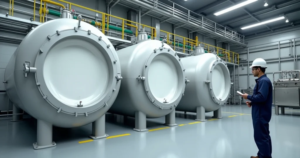 Tanques verticais de PRFV revestidos com Teflon PFA em ambiente industrial químico limpo