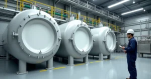 Tanques verticais de PRFV revestidos com Teflon PFA em ambiente industrial químico limpo