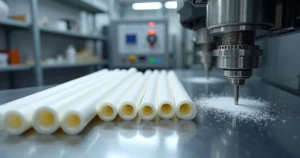 Tarugos de teflon brancos sendo usinados em torno de precisão