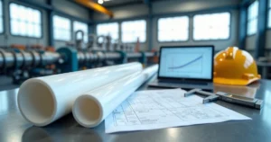 Bobinas de tubos em teflon PTFE alinhadas em mesa de engenharia industrial