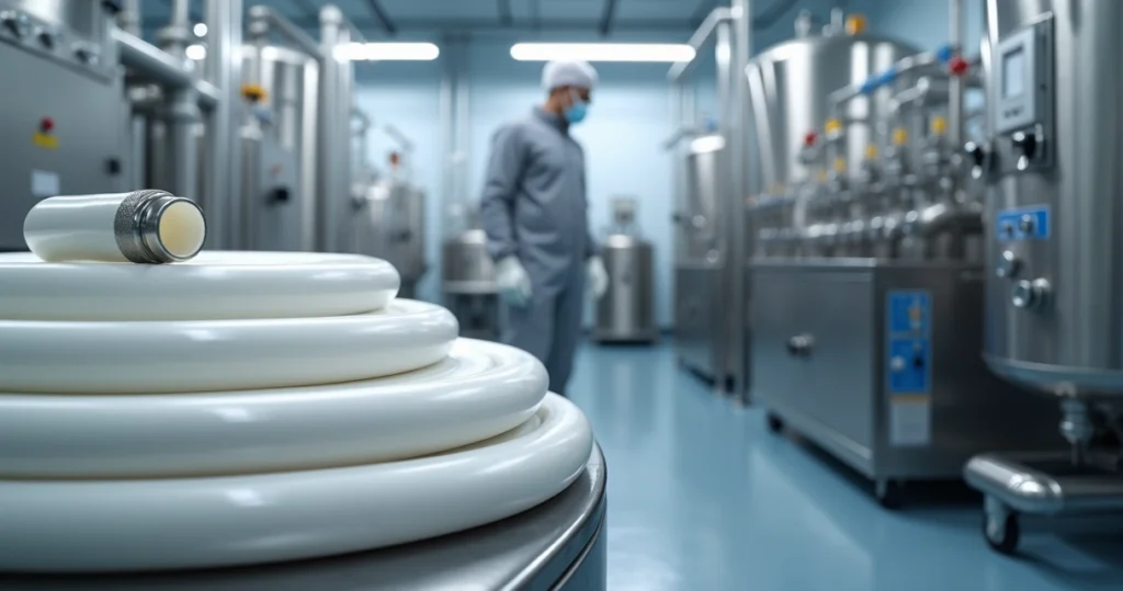 Tubos de teflon PTFE brancos enrolados próximos a equipamento industrial em operação