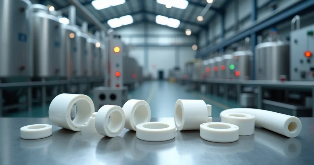 Conjunto de componentes técnicos em PTFE alinhados sobre mesa metálica em ambiente fabril moderno