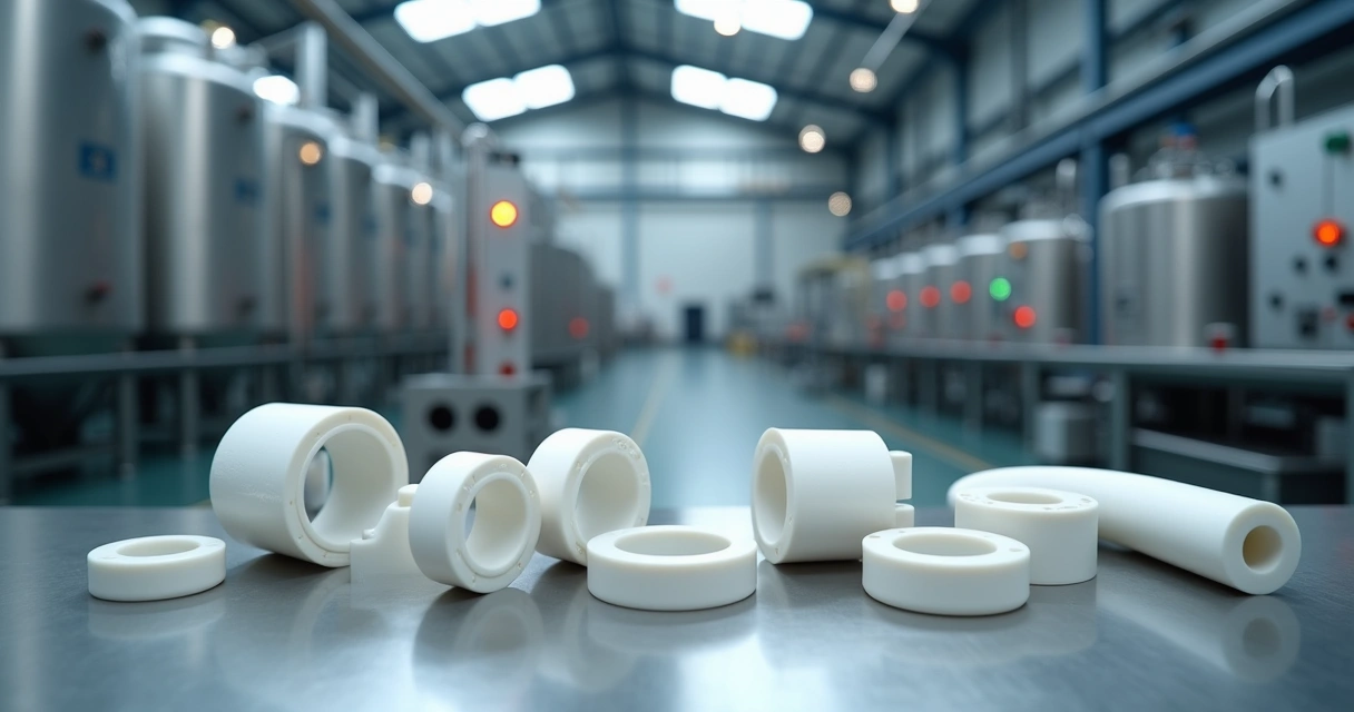 Conjunto de componentes técnicos em PTFE alinhados sobre mesa metálica em ambiente fabril moderno