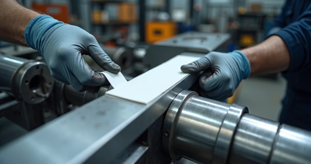 Fita guia em teflon instalada em haste de cilindro hidráulico industrial