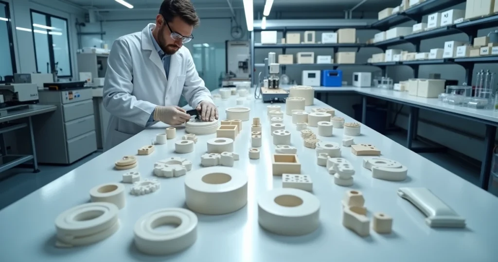 Engenheiro analisando peças industriais em Teflon e polímeros de alta performance em laboratório
