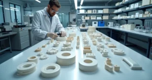 Engenheiro analisando peças industriais em Teflon e polímeros de alta performance em laboratório