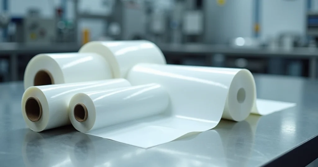 Bobinas de películas de PTFE em detalhe sobre bancada industrial metálica
