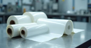 Bobinas de películas de PTFE em detalhe sobre bancada industrial metálica