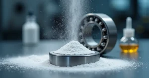 Close-up de micropartículas de PTFE em pó branco sobre rolamento metálico lubrificado