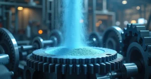 Micro e nano pó de PTFE azul intenso caindo sobre engrenagens metálicas em movimento