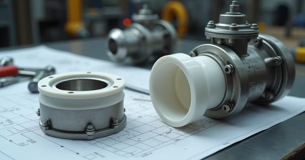 Sede circular de Teflon branco montada em conjunto de válvula industrial metálica