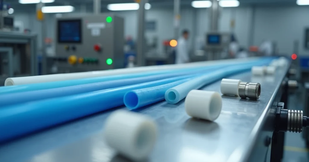Tubos e mangueiras de nylon em esteira de produção industrial